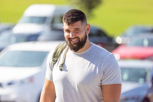 Matt Hennessy (61) reports to Atlanta Falcons training camp in Flowery Branch on Tuesday, July 25, 2023. (Arvin Temkar / arvin.temkar@ajc.com)