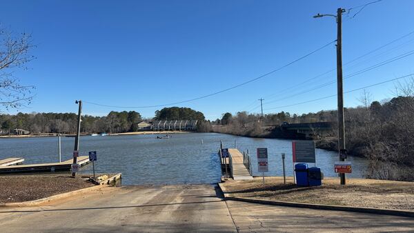 Pictured is the boat landing where Gary Jones and Joycelyn Wilson were said to have launched their boat into Lake Oconee just hours before their empty vessel was found circling Saturday evening.