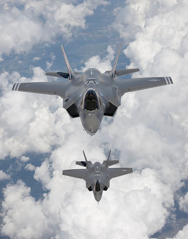 Lockheed Martin Corp. will assemble the center wing of the new F-35 Lightning II fighter jet at its facility in Marietta. Two of the fighters are shown en route from Fort Worth, Texas to Edwards Air Force Base in California. Courtesy of Lockheed Martin Corp.