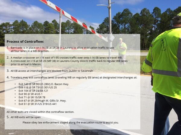 Contraflow on I-16 will begin at 8 a.m. Saturday. Eastbound traffic will not be allowed at that time. (Credit: Georgia Department of Transportation)