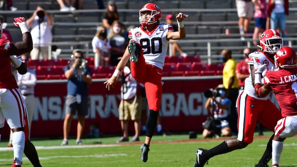 Georgia punter Jake Camarda (90) during the Bulldogs' game with Arkansas in Fayetteville, Ark., on Saturday, Sept. 26, 2020. (Photo by Kevin Snyder)