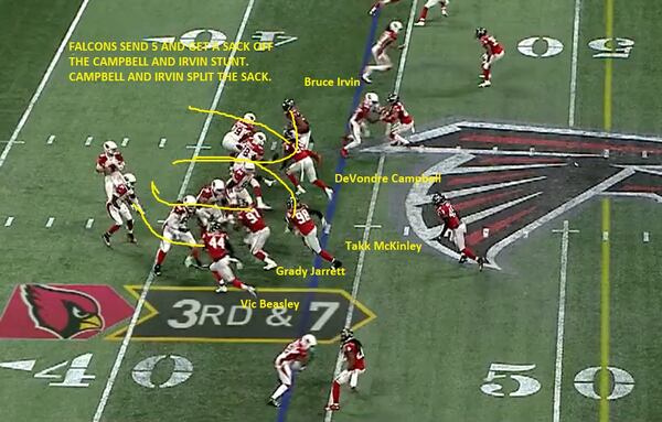 Falcons sent their NASCAR Package after Cardinals rookie Josh Rosen and DeVondre Campbell and Bruce Irvin ended up with a combined sack.  Vic Beasley, Takk McKinley and Grady Jarrett were rushing from the left side.