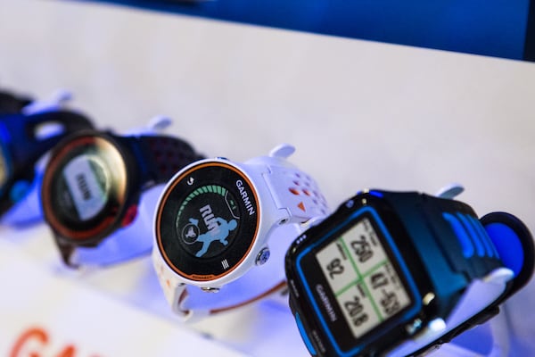 Big Peach Running Co. in Brookhaven shows off some of its running watches and fitness tracking devices. (Jenni Girtman for the AJC 2020)