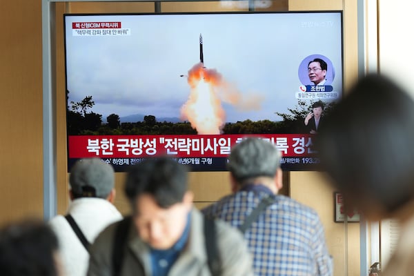 A TV screen shows an image of North Korea's an intercontinental ballistic missile launch during a news program at the Seoul Railway Station in Seoul, South Korea, Thursday, Oct. 31, 2024. (AP Photo/Lee Jin-man)