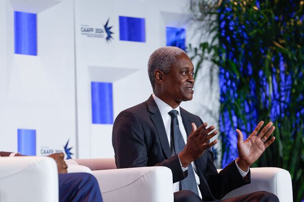 Raphael Bostic, president and CEO of the Federal Reserve Bank of Atlanta, speaks on a panel during the Conference of African American Financial Professionals in Atlanta on Tuesday, Aug. 13, 2024. (Natrice Miller/ AJC)