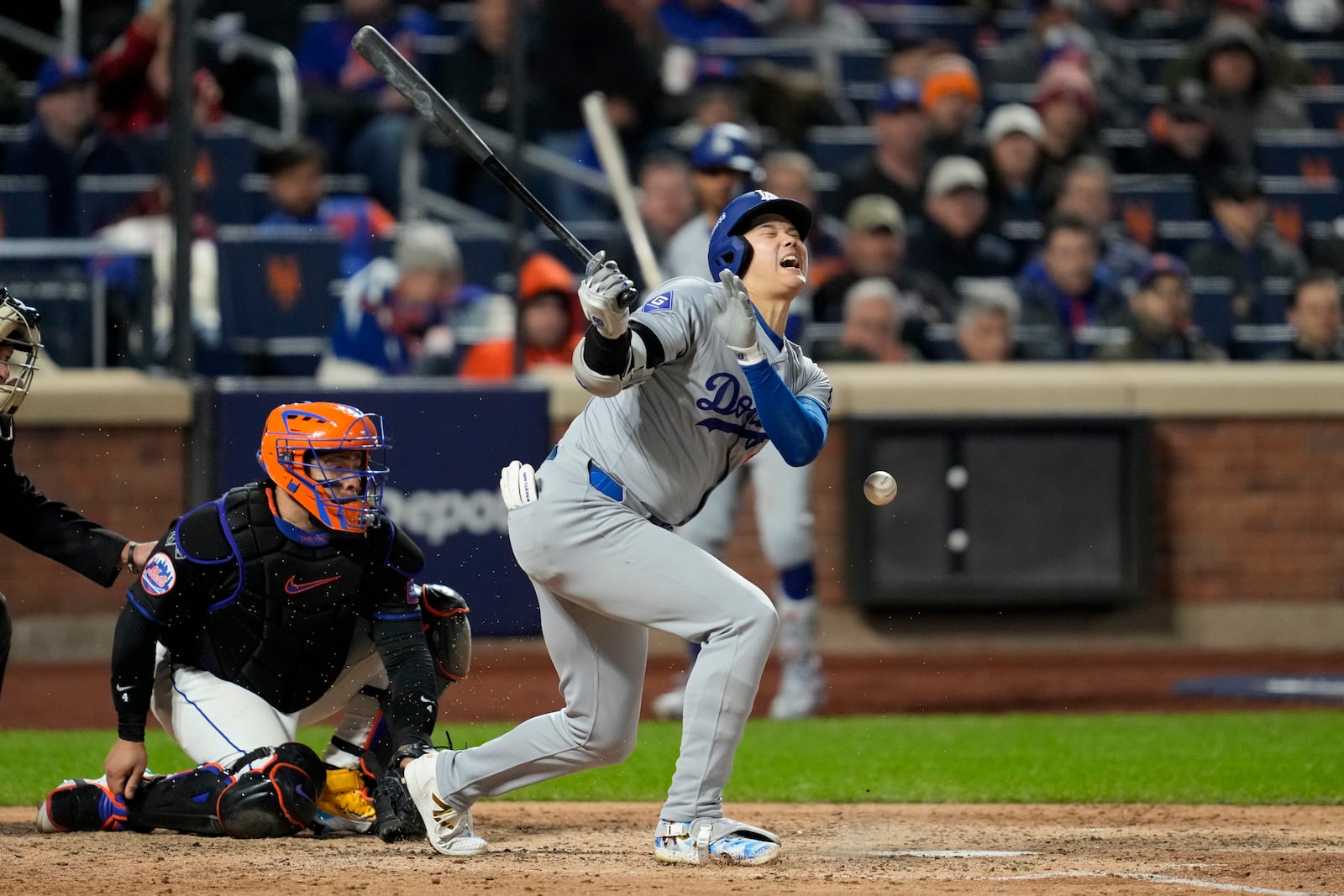 Los Angeles Dodgers' Shohei Ohtani reacts after getting hit by a foul ball against the New York Mets during the sixth inning in Game 3 of a baseball NL Championship Series, Wednesday, Oct. 16, 2024, in New York. (AP Photo/Ashley Landis)