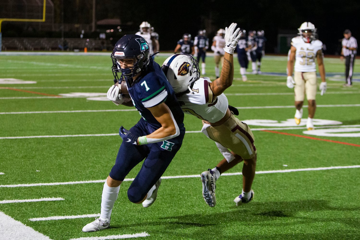 Brady Kluse, wide receiver for Harrison, makes a catch during the Harrison vs. Pebblebrook high school football game on Friday, September 23, 2022, at Harrison high school in Kennesaw, Georgia. Pebblebrook defeated Harrison 31-14. CHRISTINA MATACOTTA FOR THE ATLANTA JOURNAL-CONSTITUTION.