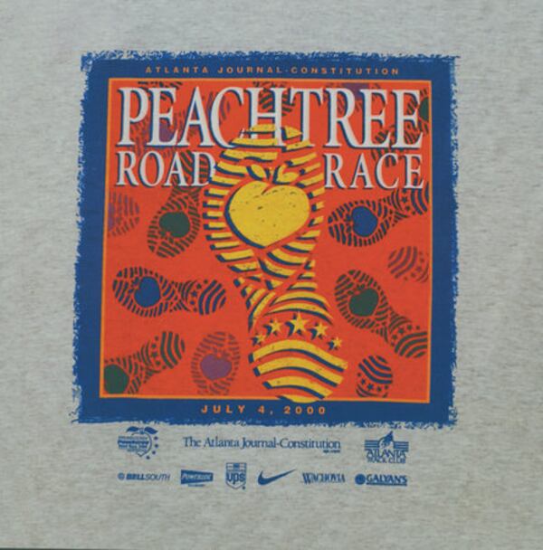 Like the "Idol" craze, Peacthree Road Race t-shirts are quite the coveted prize for runners who successfully make it to Piedmont Park each year. The 2000 t-shirt rang in the new decade with a design of funky footprints and bright orange and blue colors.