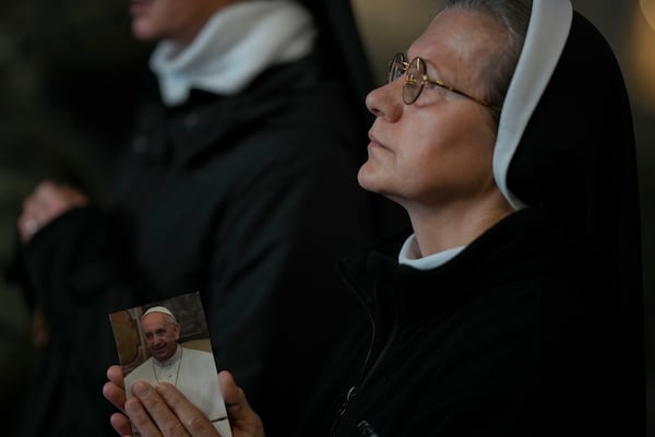 Nuns attend a Rosary prayer for Pope Francis, in St. Peter's Square at the Vatican, Monday, March 10, 2025. (AP Photo/Andrew Medichini)