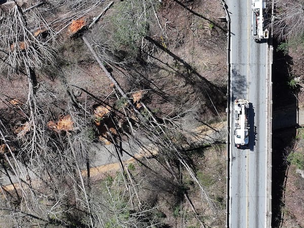 Aerial photo shows the aftermath of a storm in Dallas, Sunday, March 16, 2025. National Weather Service teams will be conducting a damage survey in the Paulding County/Dallas area, which sustained “pretty significant” damage from the storms, NWS Senior Meteorologist Dylan Lusk told The Atlanta Journal-Constitution on Sunday morning. (Hyosub Shin / AJC)