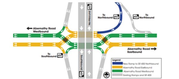 The Georgia Department of Transportation plans to open a diverging-diamond interchange at Ga. 400 and Abernathy Road on Monday, weather permitting.