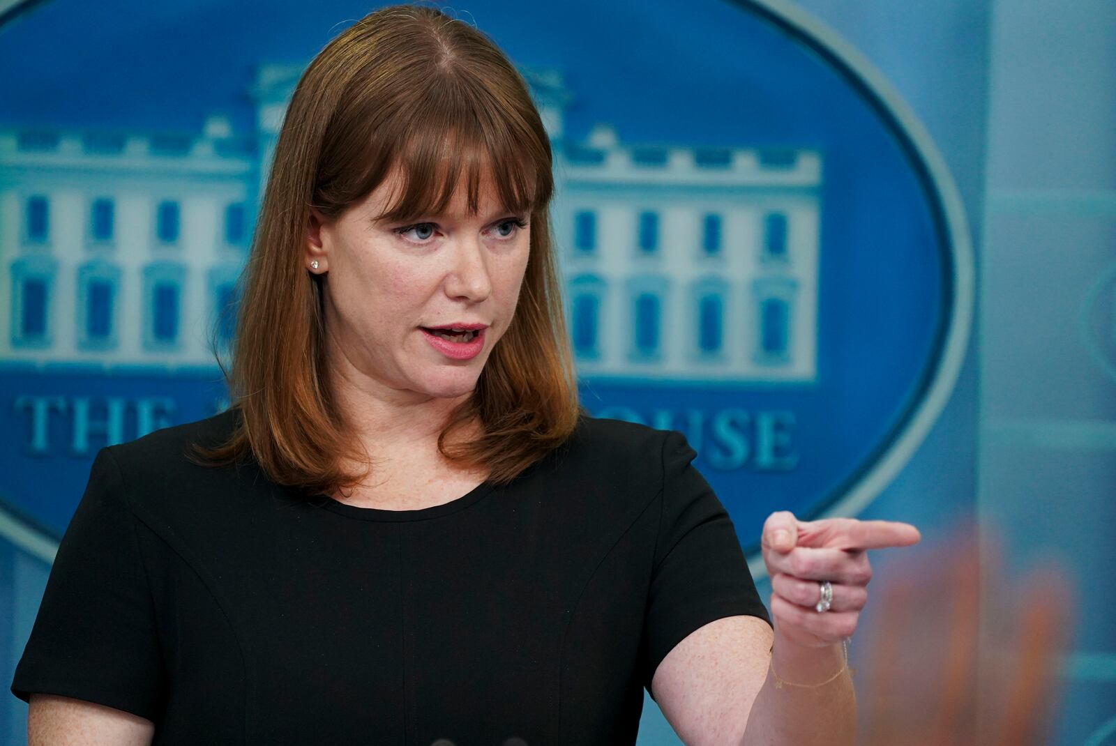 FILE —Kate Bedingfield, director of White House communications, holds a news briefing at the White House in Washington, on Thursday, March 31, 2022. Bedingfield, who announced in July that she was stepping down, abruptly changed her mind and said on Friday, July 29, that she had decided to remain at the White House. (Leigh Vogel/The New York Times)