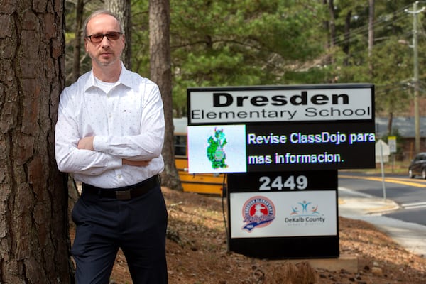 City Councilman Brian Mock poses for a photograph outside of  Dresden Elementary School in Chamblee on March 14, 2021. (Steve Schaefer for The AJC) 