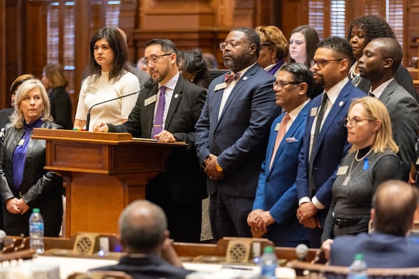 Representatives gather to speak about maternal mortality at the House of Representatives in the Capitol in Atlanta on Tuesday, January 9, 2024. (Arvin Temkar/arvin.temkar@ajc.com)