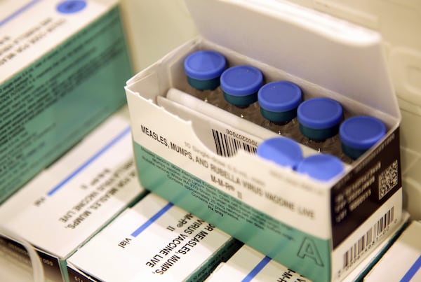 In this March 27, 2019, file photo, measles, mumps and rubella vaccines sit in a cooler at the Rockland County Health Department in Pomona, N.Y. (AP Photo/Seth Wenig, File)