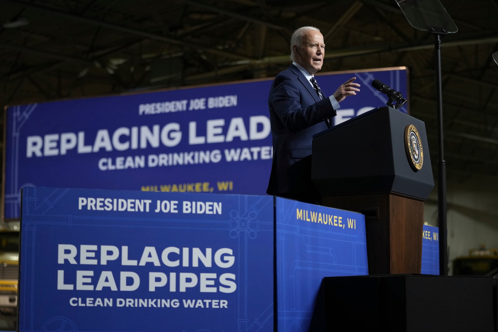 President Joe Biden speaks at an event at the Milwaukee Department of Public Works in Milwaukee, Tuesday, Oct. 8, 2024, to discuss his administration's progress in replacing lead pipes in Wisconsin and across the country. (AP Photo/Susan Walsh)