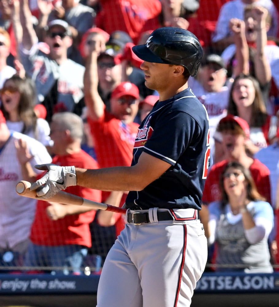 Braves first baseman Matt Olson strikes out against the host Phillies during the first inning Saturday in Game 4 of the NLDS. (Hyosub Shin / Hyosub.Shin@ajc.com)