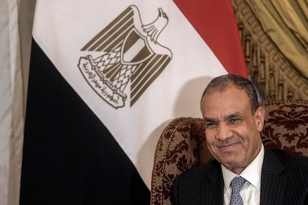 Egyptian Foreign Minister Badr Abdelatty, right, meets with his Tunisian counterpart Mohamed Ali Nafti ahead of the Arab Summit at Tahrir Palace in Cairo, Egypt, Monday, March 3, 2025. (AP Photo/Amr Nabil)