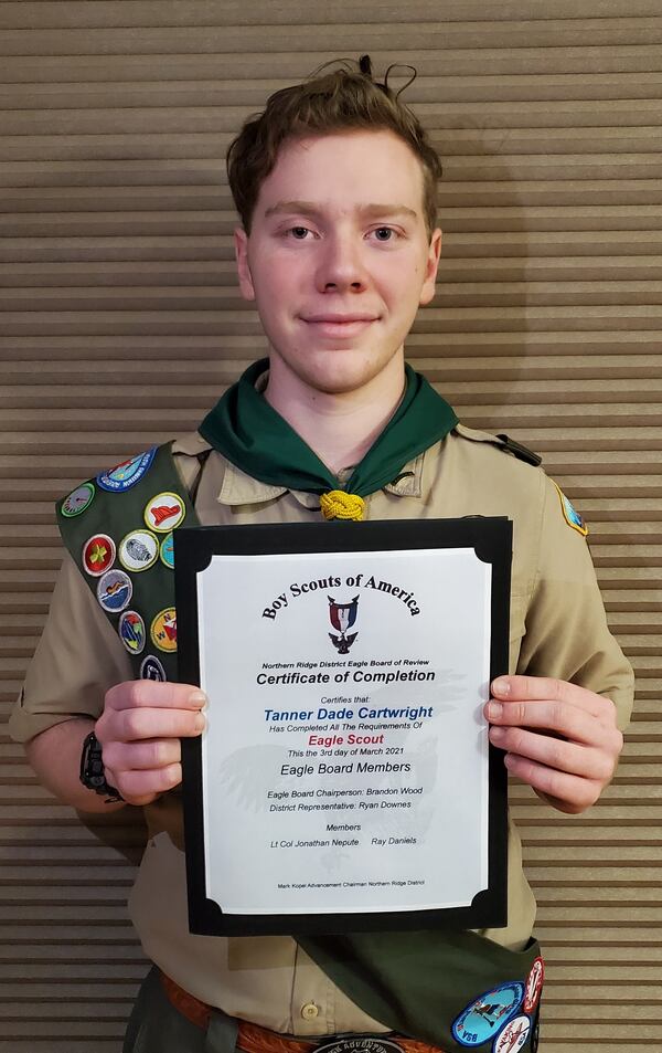 The Northern Ridge Boy Scout District (Cities of Roswell, Alpharetta, John’s Creek, Milton) is proud to announce its newest Eagle Scout, Miles Gilbreth, who passed their Board of Review On March 3: Tanner Cartwright, of Troop 430, sponsored by St. David’s Episcopal Church, whose project was the design and construction of a fire place and stone wall for seating as a befitting place to retire damaged American Flags.