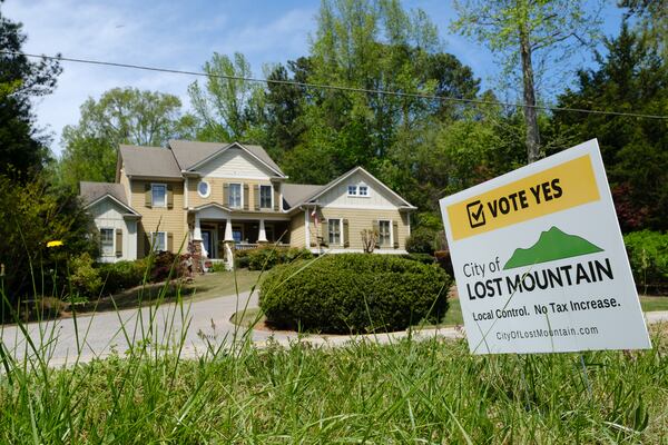 A political sign in favor of Lost Mountain cityhood is seen in Cobb County on April 20, 2022. The vote failed. (Arvin Temkar/AJC)