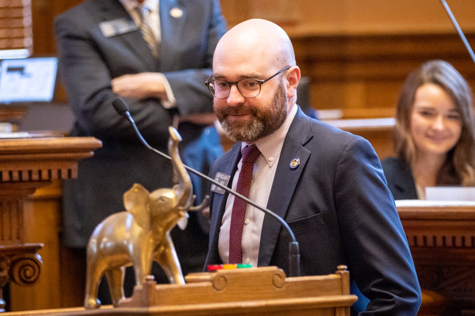 State Sen. Josh McLaurin, D-Sandy Springs, accepts The Golden Elephant Award, which was jokingly awarded to him at the state Capitol in Atlanta on Monday.