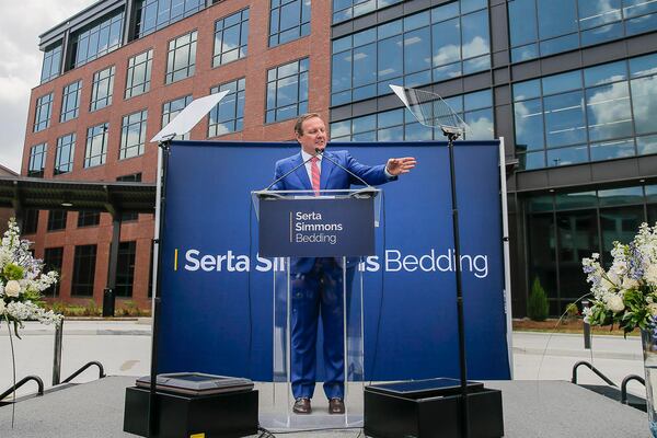 Outgoing Serta Simmons Bedding CEO Michael Traub speaks during a grand opening celebration for Serta Simmons Bedding's new national headquarters at Assembly in Doraville. (ALYSSA POINTER/ALYSSA.POINTER@AJC.COM)