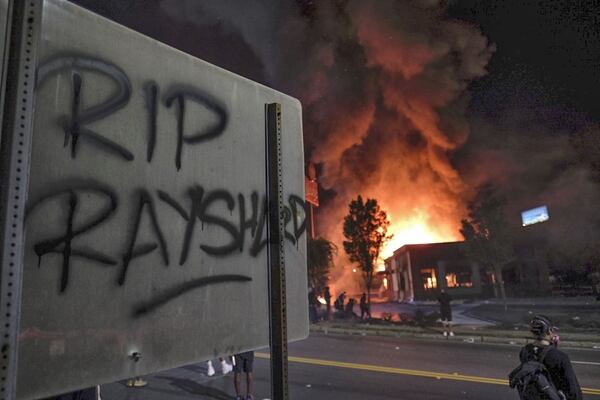 The southwest Atlanta Wendy's where police killed Rayshard Brooks was destroyed in June 2020 during a large protest. (BEN GRAY for The Atlanta Journal-Constitution)