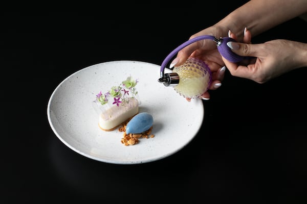 Executive pastry chef Daniella Lea Rada’s team crafts desserts for the various eating establishments at the Signia by Hilton. Pictured is the farfalla with butterfly pea powder gelato on the menu at the hotel's fine-dining restaurant Capolinea. (Courtesy of Signia by Hilton/ Erik Meadows Photography)