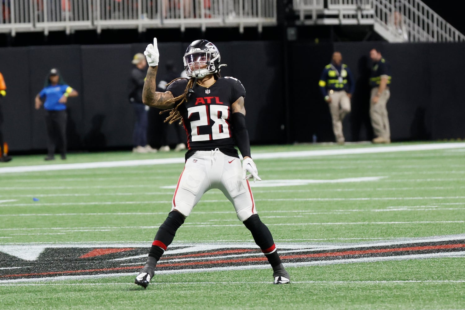 Falcons cornerback Mike Ford reacts after Panthers kicker Eddy Piñeiro missed a field goal in overtime.
 (Miguel Martinez / miguel.martinezjimenez@ajc.com)