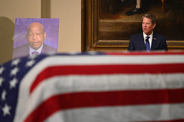 7/29/20 - 7/29/20 - Atlanta, GA - Gov. Brian Kemp speaks during a ceremony in the Capitol Rotunda where Rep. John Lewis will lie in state.  On the fifth day of the “Celebration of Life” for Rep. John Lewis, Lewis’s body and and family members returned to Georgia for ceremonies at the State Capitol where he will also lie in state until his funeral on Thursday.  Hyosub Shin / Hyosub.shin@ajc.com