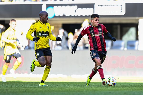 Atlanta United midfielder Thiago Almada dribbles the ball during the match against Columbus Crew at Lower.com Field in Columbus, OH on Saturday Feb.  24, 2024. (Photo by Mitch Martin/Atlanta United)