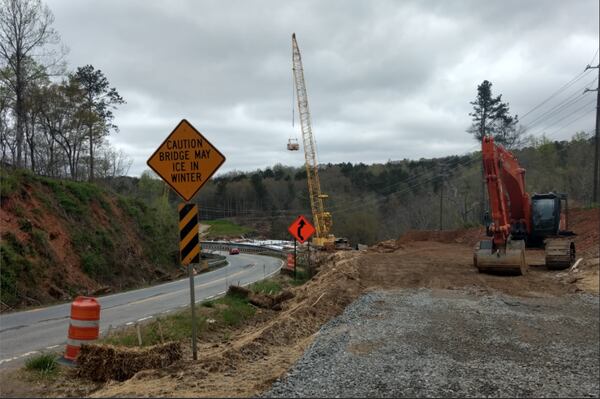 Here is the current view of that same stretch of road taken on Sunday, April 8. The new bridge is to the right of the current one. (Brian O'Shea / bposhea@ajc.com)