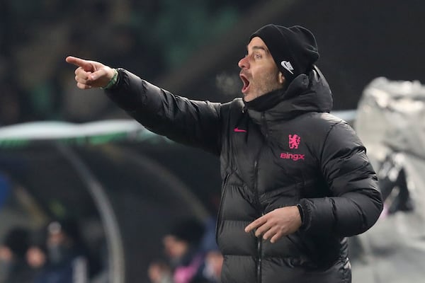 Chelsea's head coach Enzo Maresca directs his players during the Europa Conference League opening phase soccer match between Astana and Chelsea at the Almaty Ortalyk stadium in Almaty, Kazakhstan, Thursday, Dec. 12, 2024. (AP Photo)