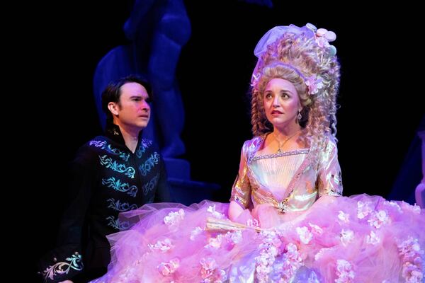 Charlie Spillers, left, as Axel Fersen and Alexandra Ficken as Marie Antoinette, who lets fly her famous (if oft-misinterpreted) line, “Let them eat cake!” 