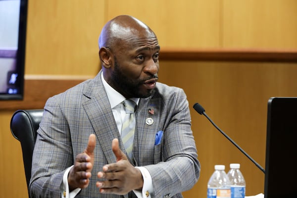 Fulton County Special Prosecutor Nathan Wade testifies during a hearing in the case of the State of Georgia v. Donald John Trump at the Fulton County Courthouse on Thursday, Feb. 15, 2024 in Atlanta. Judge Scott McAfee is hearing testimony as to whether District Attorney Fani Willis and Wade should be disqualified from the case for allegedly lying about a personal relationship. (Alyssa Pointer/Pool/Getty Images/TNS)