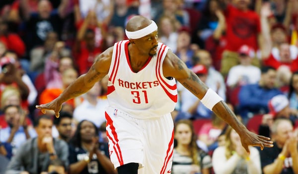 HOUSTON, TX - MARCH 14: Jason Terry #31 of the Houston Rockets celebrates a three-point basket against the Memphis Grizzlies during their game at the Toyota Center on March 14, 2016 in Houston, Texas. NOTE TO USER: User expressly acknowledges and agrees that, by downloading and or using this photograph, User is consenting to the terms and conditions of the Getty Images License Agreement. (Photo by Scott Halleran/Getty Images)