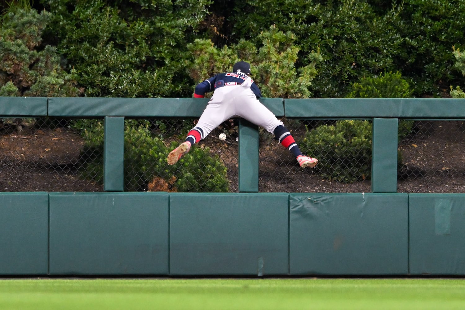 Atlanta Braves center fielder Michael Harris II (23) is unable to field a solo home run by Philadelphia Phillies’ Bryce Harper, his second of the evening, during the fifth inning of NLDS Game 3 in Philadelphia on Wednesday, Oct. 11, 2023.   (Hyosub Shin / Hyosub.Shin@ajc.com)