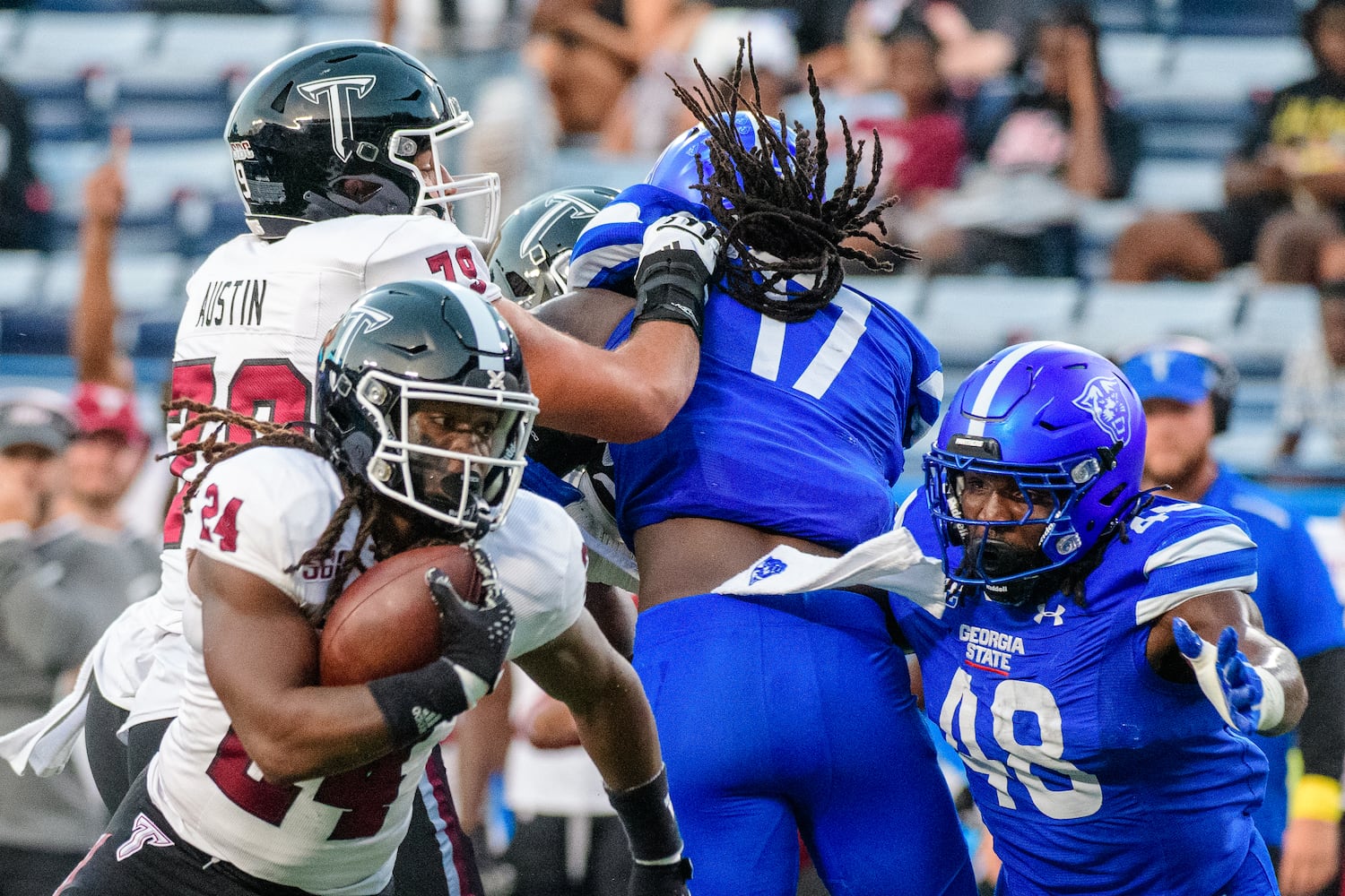 Troy's Damien Taylor runs the ball during against Georgia State  Saturday, Sept. 30, 2023 (Jamie Spaar for the Atlanta Journal Constitution)