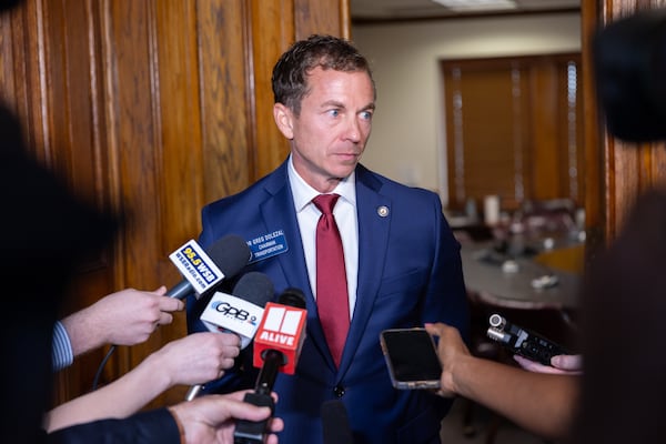 State Sen. Greg Dolezal, a Republican from Cumming, spoke to the news media after chairing a committee meeting on women in sports earlier this year.