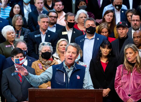 Gov. Brian Kemp speaks at a press conference at the Capitol on Saturday, April 3, 2021, as he and his supporters blast Major League Baseball's decision to move the All-Star game from Georgia over the state's new voting law. (Steve Schaefer/AJC