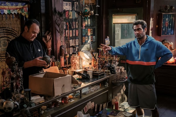 This image released by Columbia Pictures shows Dan Aykroyd, left, and Kumail Nanjiani in a scene from "Ghostbusters: Frozen Empire." (Jaap Buitendijk/Columbia Pictures/Sony via AP)