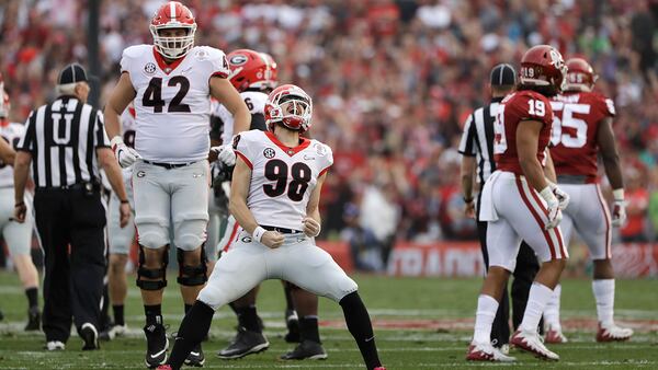 Georgia kicker Rodrigo Blankenship (98) celebrates after he kicked a field goal during the first half of the Rose Bowl NCAA college football game against Oklahoma, Monday, Jan. 1, 2018, in Pasadena, Calif. (AP Photo/Gregory Bull)