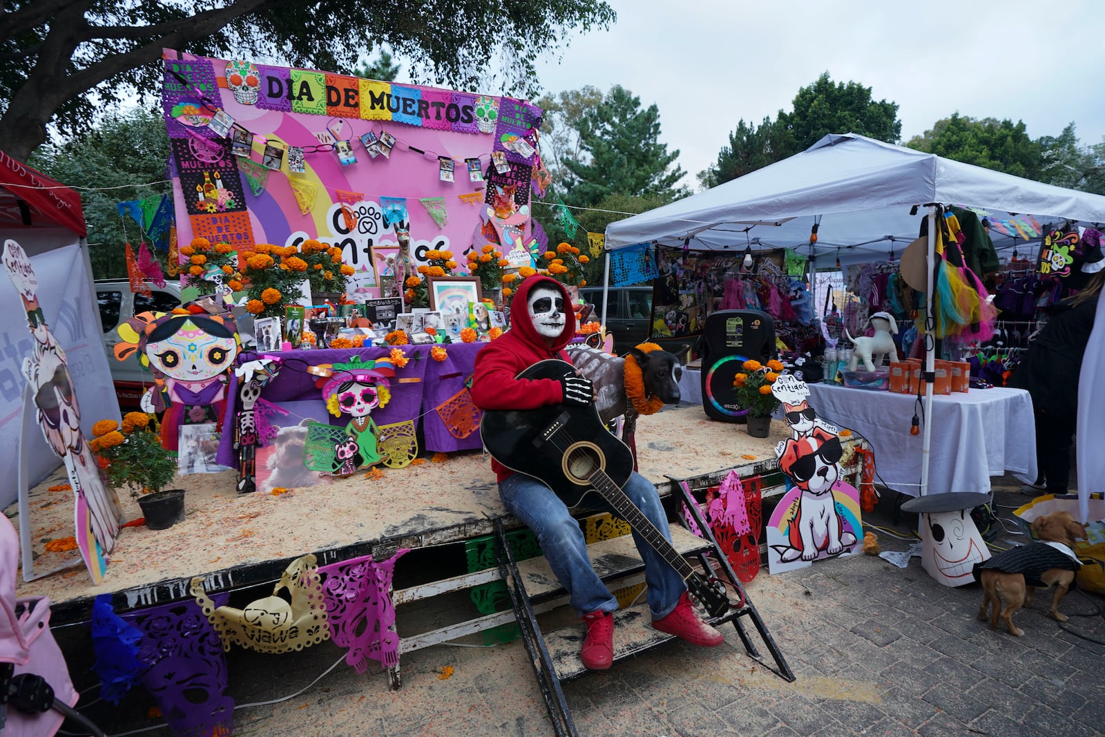 A pet owner poses with his dog in front of a Day of the Dead altar honoring the memory of pets that have passed on, in Mexico City, Sunday, Oct. 27, 2024. (AP Photo/Fabiola Sanchez)