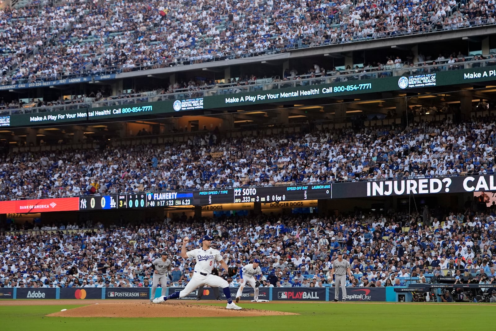 Los Angeles Dodgers starting pitcher Jack Flaherty throws against the New York Yankees during the third inning in Game 1 of the baseball World Series, Friday, Oct. 25, 2024, in Los Angeles. (AP Photo/Godofredo A. Vásquez)