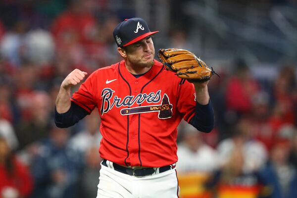 Braves relief pitcher Luke Jackson reacts after a ground out to end the top of the seventh inning against the Houston Astros in game 3 of the World Series at Truist Park, Friday October 29, 2021, in Atlanta. Curtis Compton / curtis.compton@ajc.com 