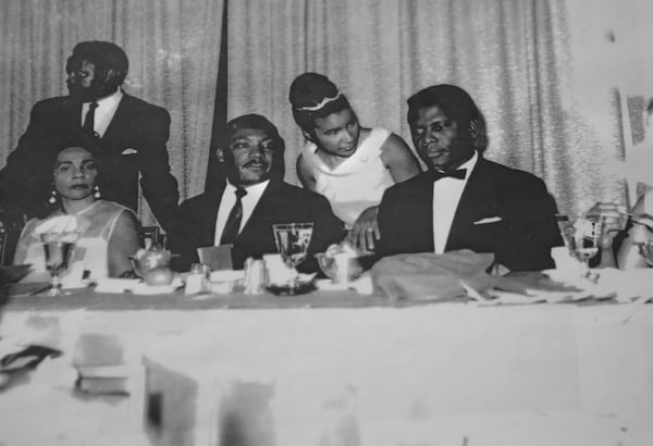 Xernona Clayton (center) with Coretta, Martin and Sidney Poitier. (This is a copy of a photo courtesy of Xerona Clayton.)