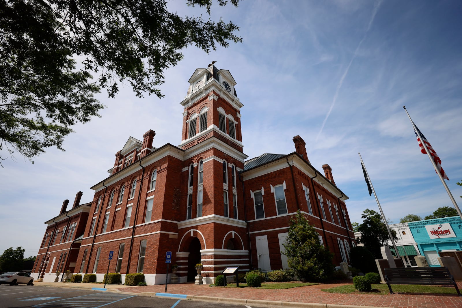 The Washington County Courthouse sits in downtown Sandersville on Tuesday, April 16, 2024. In five of the past six elections, a Democrat has been chosen for president in the east Georgia county. As of July 2023, Black residents accounted for about 53% of Washington County’s nearly 20,000 residents, according to census data. About 44% of the county population is white. Hispanic or Latino residents account for about 3%.
(Miguel Martinez / AJC)