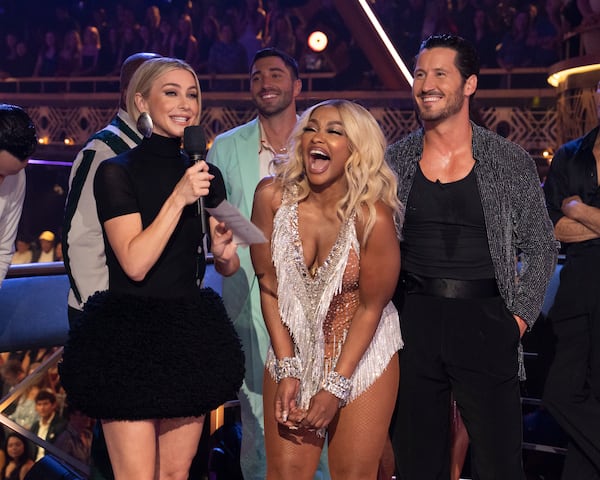 Host Julianne Hough, with Phaedra Parks and Val Chmerkovskiy on the opening night of season 33 of "Dancing With the Stars" on Sept. 17, 2024. ABC