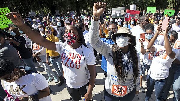 Protesters rally at the Glynn County Courthouse in Brunswick the day after Travis and Greg McMichael were arrested. (John Bazemore/AP 2020)