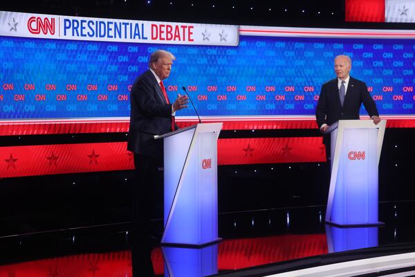 President Joe Biden, right, and former President Donald Trump faced off during their first presidential debate at CNN on June 27 in Atlanta. Since then, following a poor performance in the showdown, Biden has faced calls to end his bid for reelection that have created rifts within the Democratic Party. (Jason Getz / AJC)
